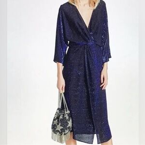 Zara Midnight Blue Shimmer Sparkle V-Neck Crossover Dress Size Medium
